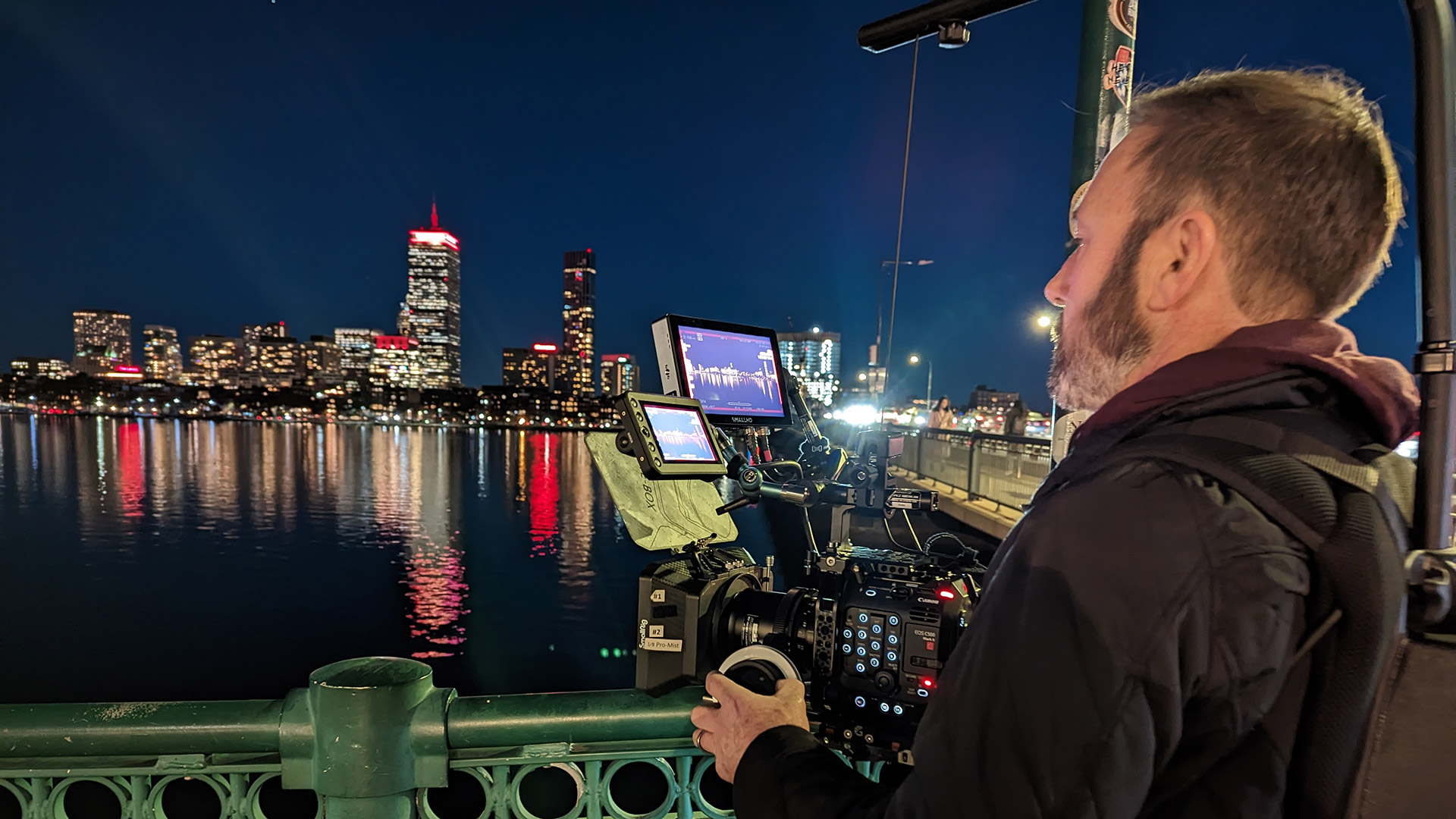 DP Damian Wohrer frames a night shot across Boston Harbor.